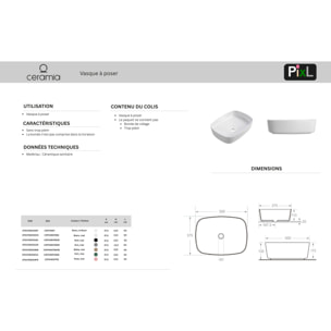 Vasque à poser rectangulaire 50 x 37,5 x 13,5 cm sans trop-plein blanc mat PixL (CEPX4937WM)