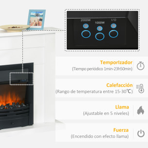 Chimenea Eléctrica con Temporizador Termostato Luz de 5 Niveles 102x30x95 Blanco