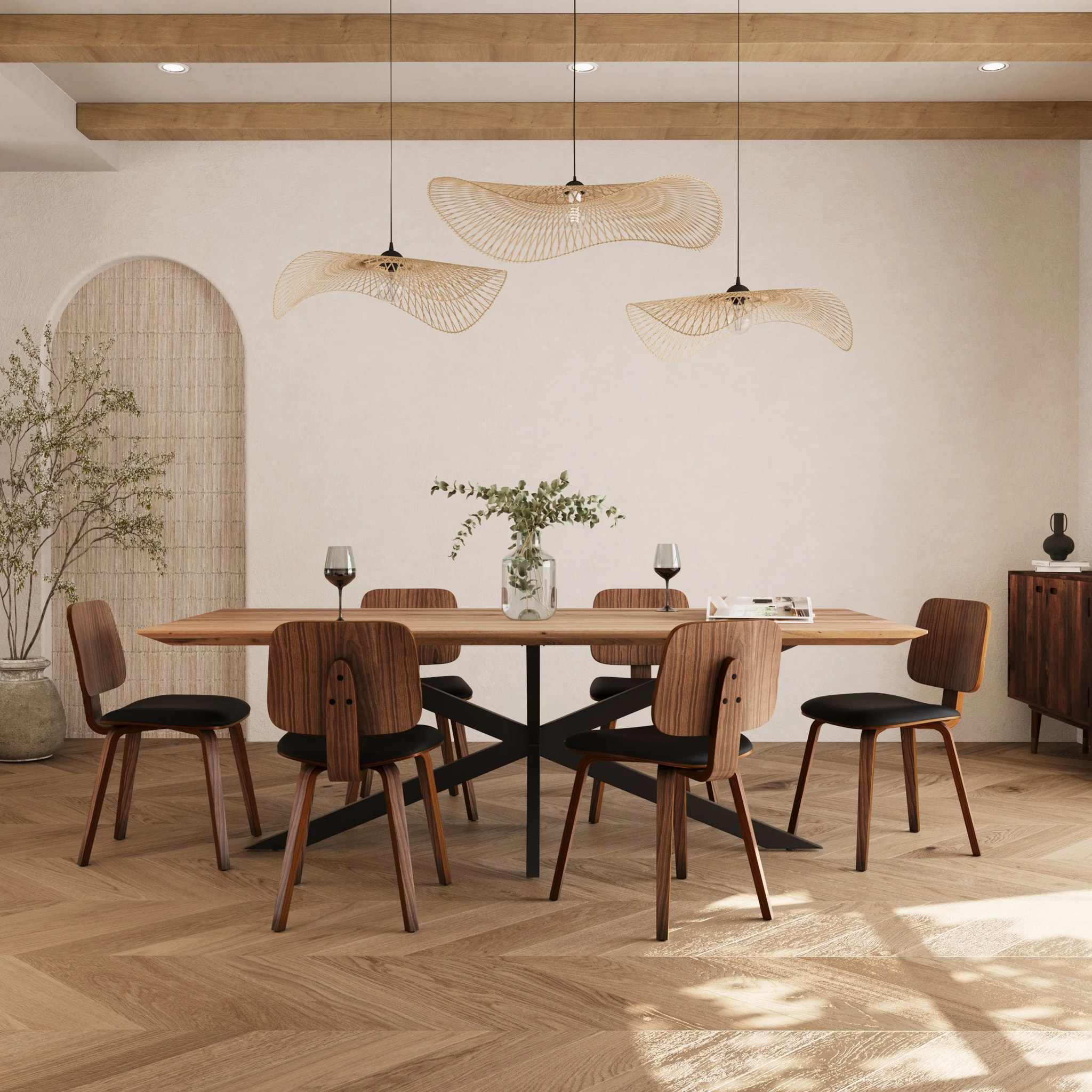 Lot de 2 chaises en bois plaqué noyer et PU noir - Flow