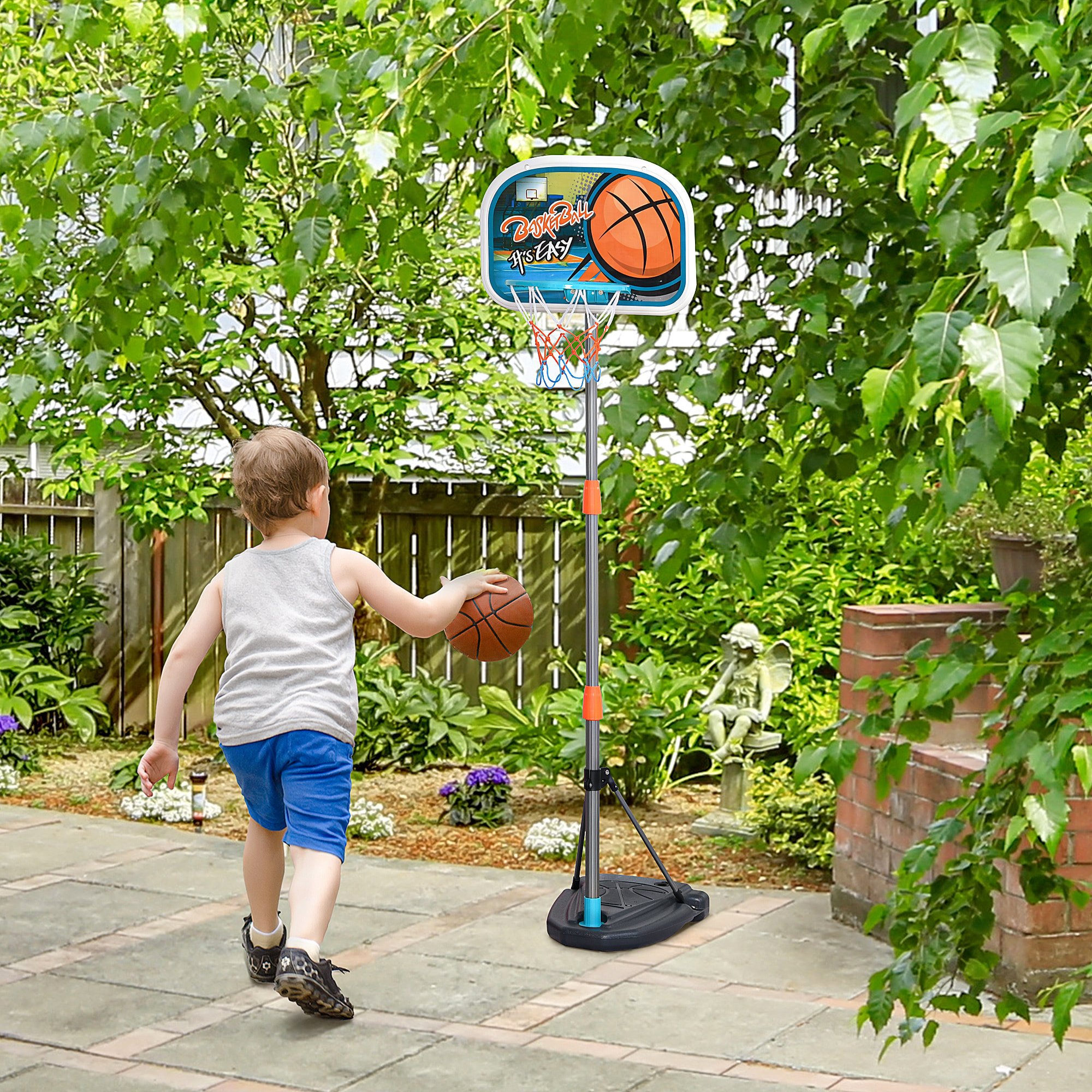 Panier de basket-ball sur pied avec poteau base lestage panneau + ballon + pompe hauteur réglable 1,26 – 1,58 m