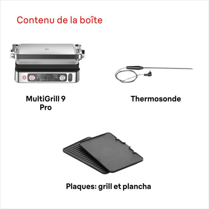Grille-viande BRAUN CG9160 inox 2 zones de cuissson, plaques amovible, sonde, 37x23 cm