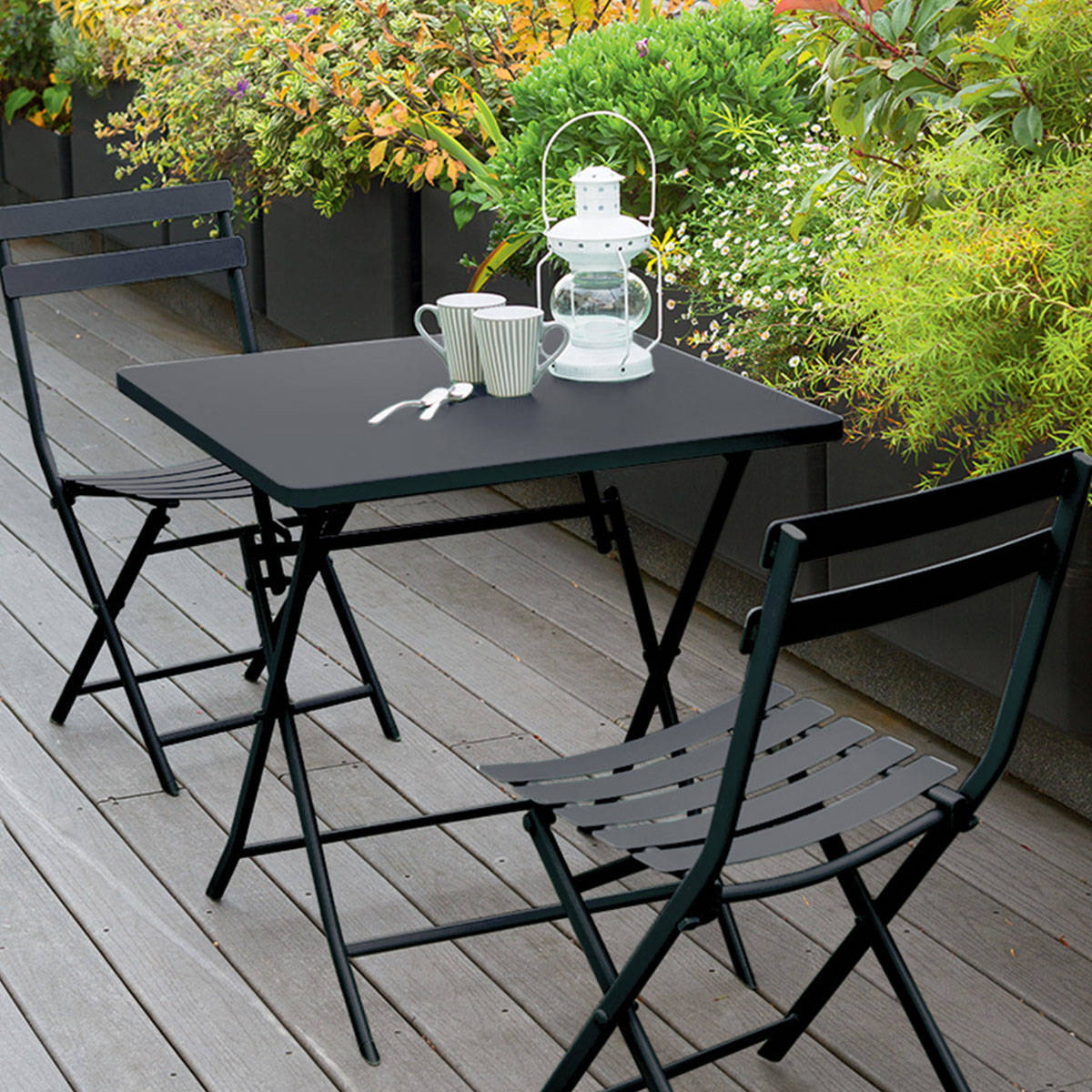 Table de jardin pliante carrée "Greensboro" graphite 2 places en acier traité époxy