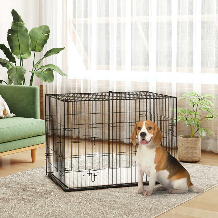 PawHut Jaula para Perros Plegable, Jaula para Perros Grandes con Cojín, 2 Puertas, Bandeja Extraíble y Marco de Alambre Metálico, 90x57,5x62 cm, Negro y Beige