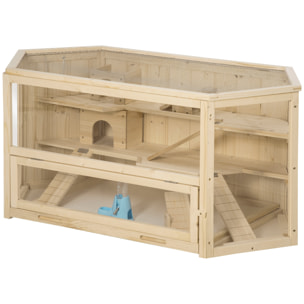 Cage pour hamster 2 étages dim. 115x60x55cm bascules biberon eau fenêtres cabanes toit ouvrable plateau déjection bois
