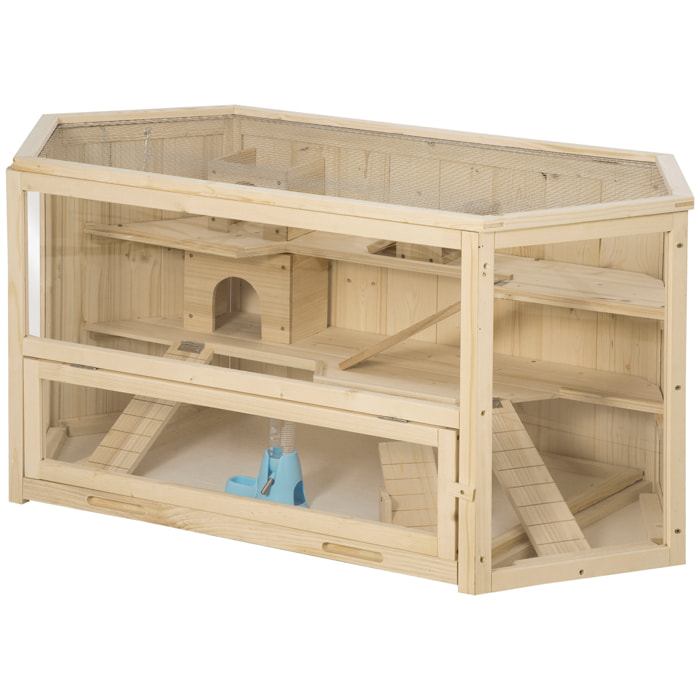 Cage pour hamster 2 étages dim. 115x60x55cm bascules biberon eau fenêtres cabanes toit ouvrable plateau déjection bois