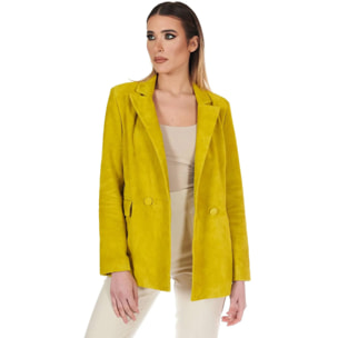 Blazer doppiopetto in pelle camoscio giallo chiusura bottone