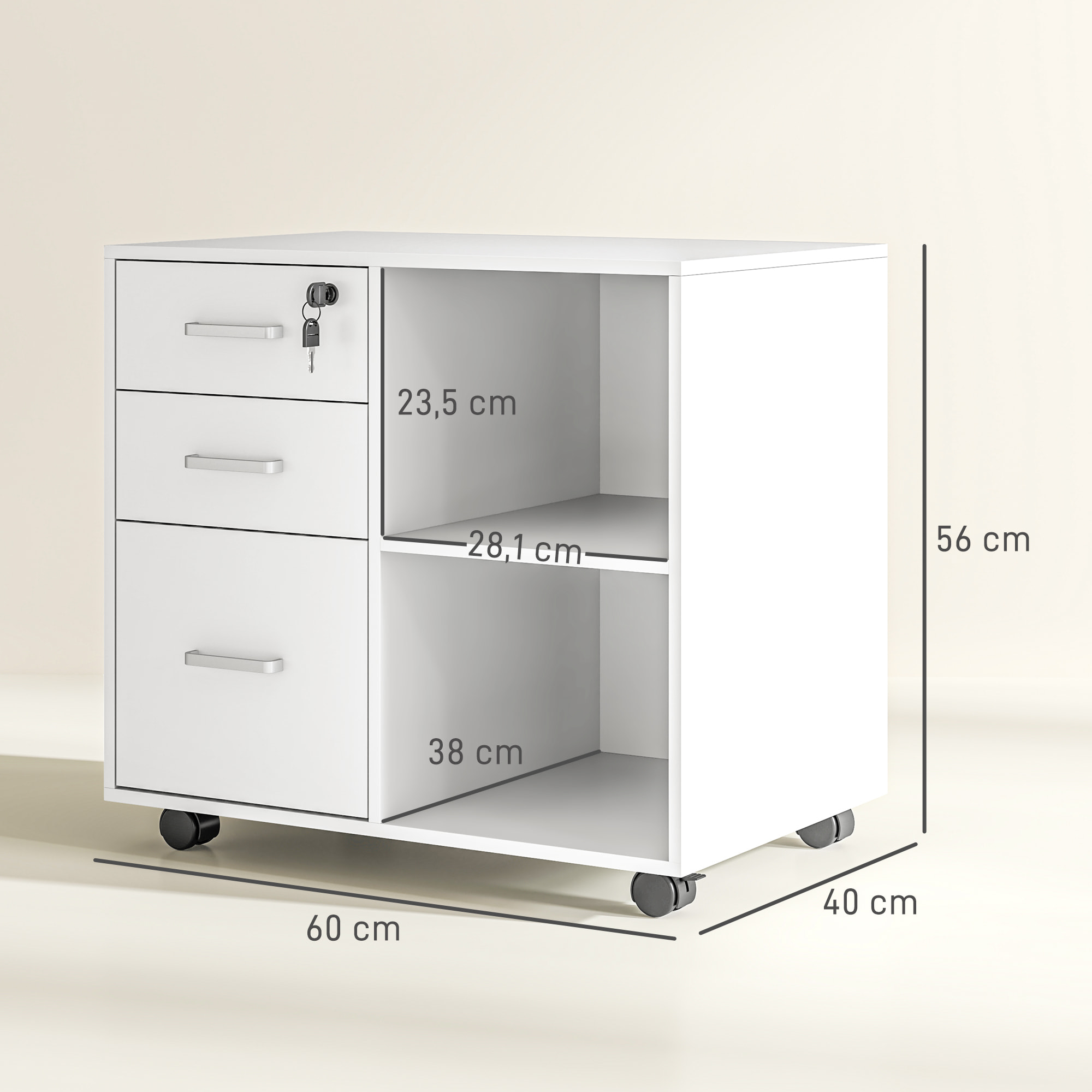 Meuble imprimante mobile - caisson de bureau - tiroir verrouillable + 2 tiroirs, 2 niches - blanc