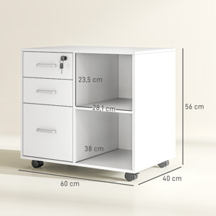 Meuble imprimante mobile - caisson de bureau - tiroir verrouillable + 2 tiroirs, 2 niches - blanc
