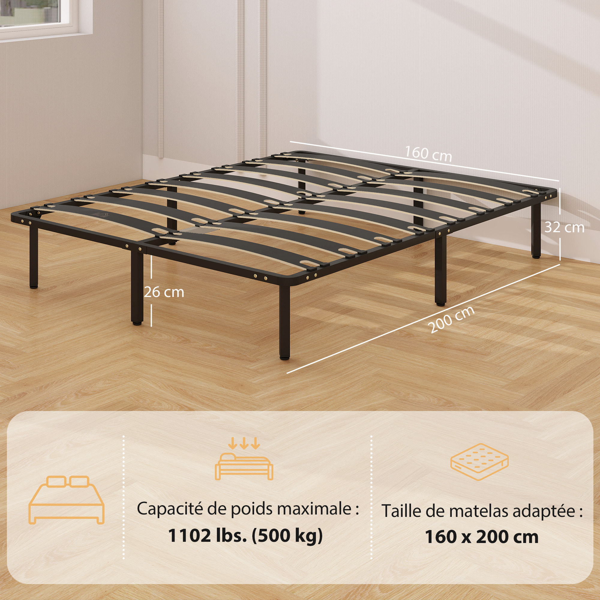 Sommier à lattes avec pieds 160 x 200 cm - sommier sur pieds - métal bois noir