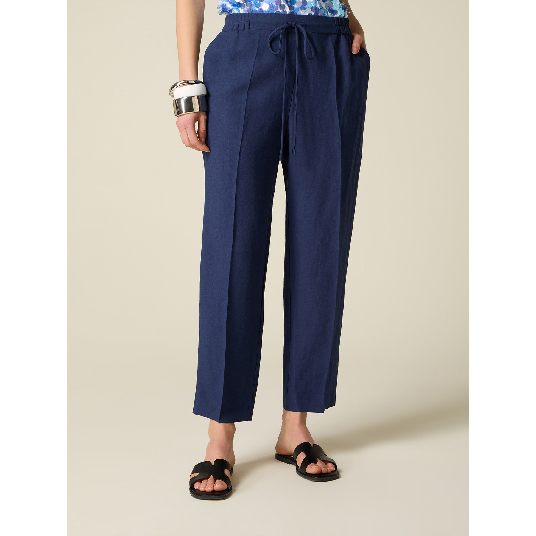 Oltre - Pantalones cropped de mezcla de lino - Azul