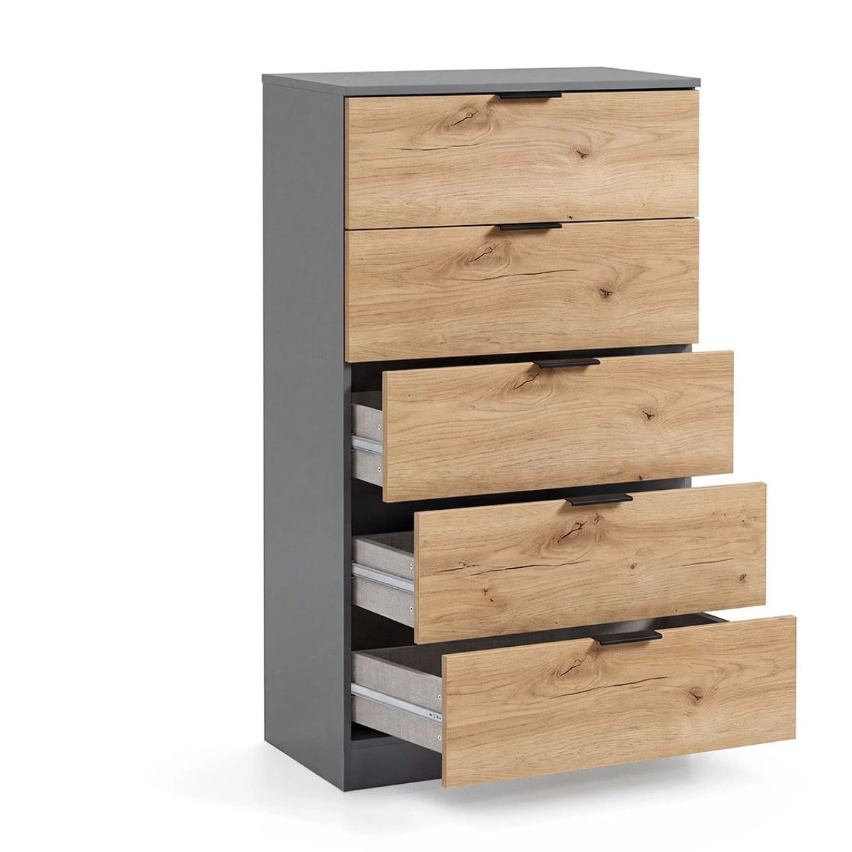 Cómoda alta de 5 cajones en gris grafito y alpine oak 60x110 cm Akari Gris Grafito - Alpine Oak