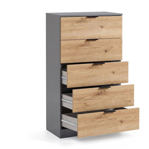 Cómoda alta de 5 cajones en gris grafito y alpine oak 60x110 cm Akari Gris Grafito - Alpine Oak