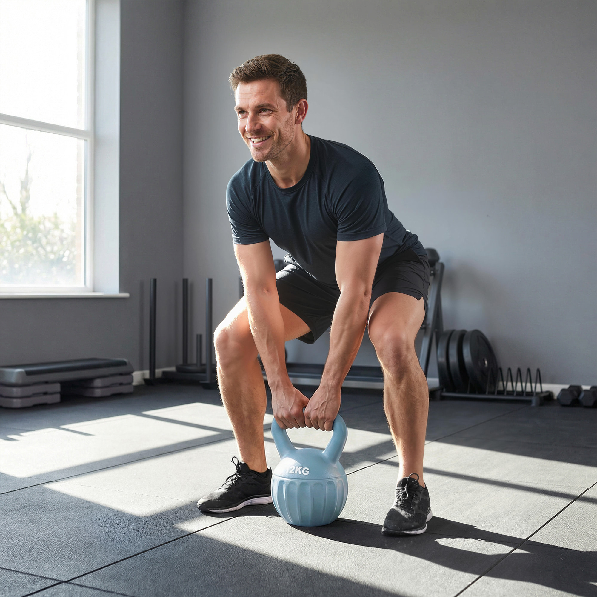 Kettlebell 12 Kg - prise ergonomique - entraînement musculaire & haltérophilie - PP bleu ciel