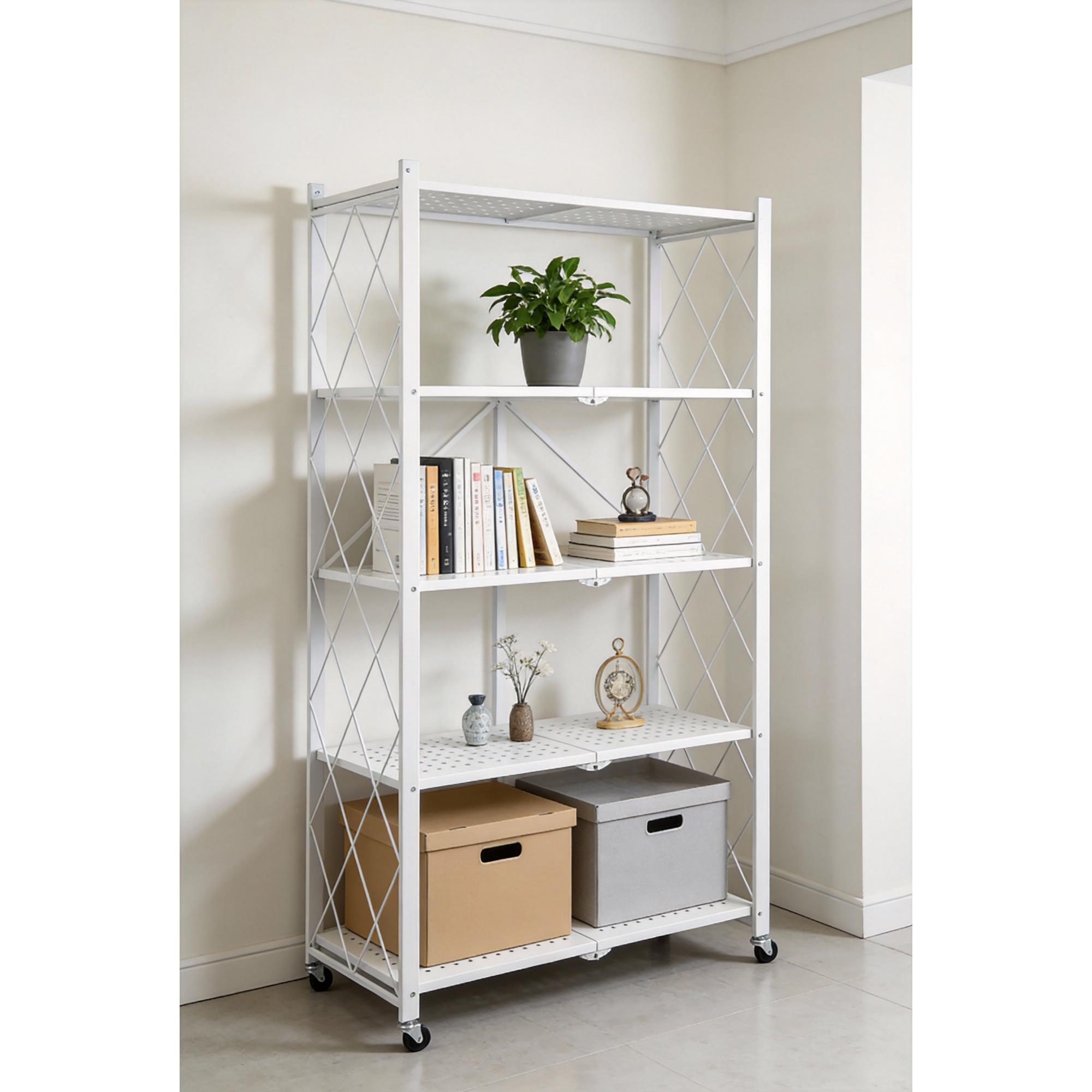 Estantería de Almacenamiento PLEGABLE de 5 Estantes con ruedas, SIN montaje -71x34x160 cm color Blanco