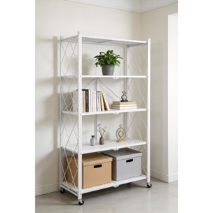 Estantería de Almacenamiento PLEGABLE de 5 Estantes con ruedas, SIN montaje -71x34x160 cm color Blanco