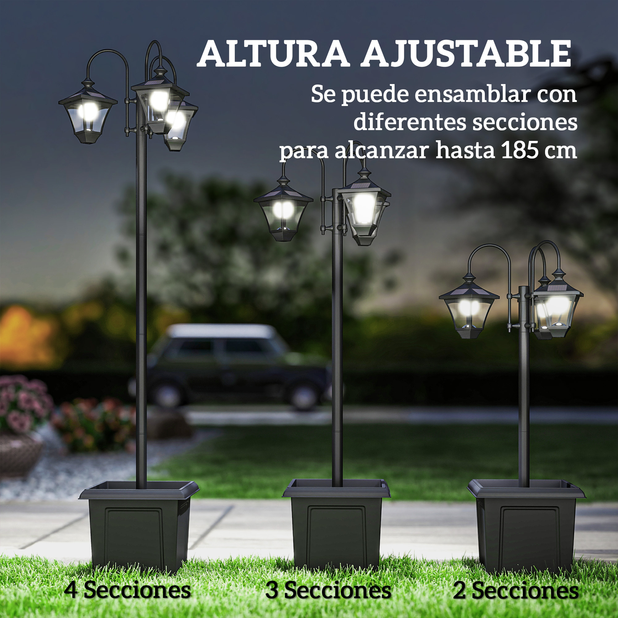 Farola Solar Exterior de Jardín con Macetero 3 Cabezales Impermeable IP44 Encendido/Apagado Automático y Altura Ajustable Luz Solar de Exterior LED para Terraza Patio 52x52x185 cm Negro