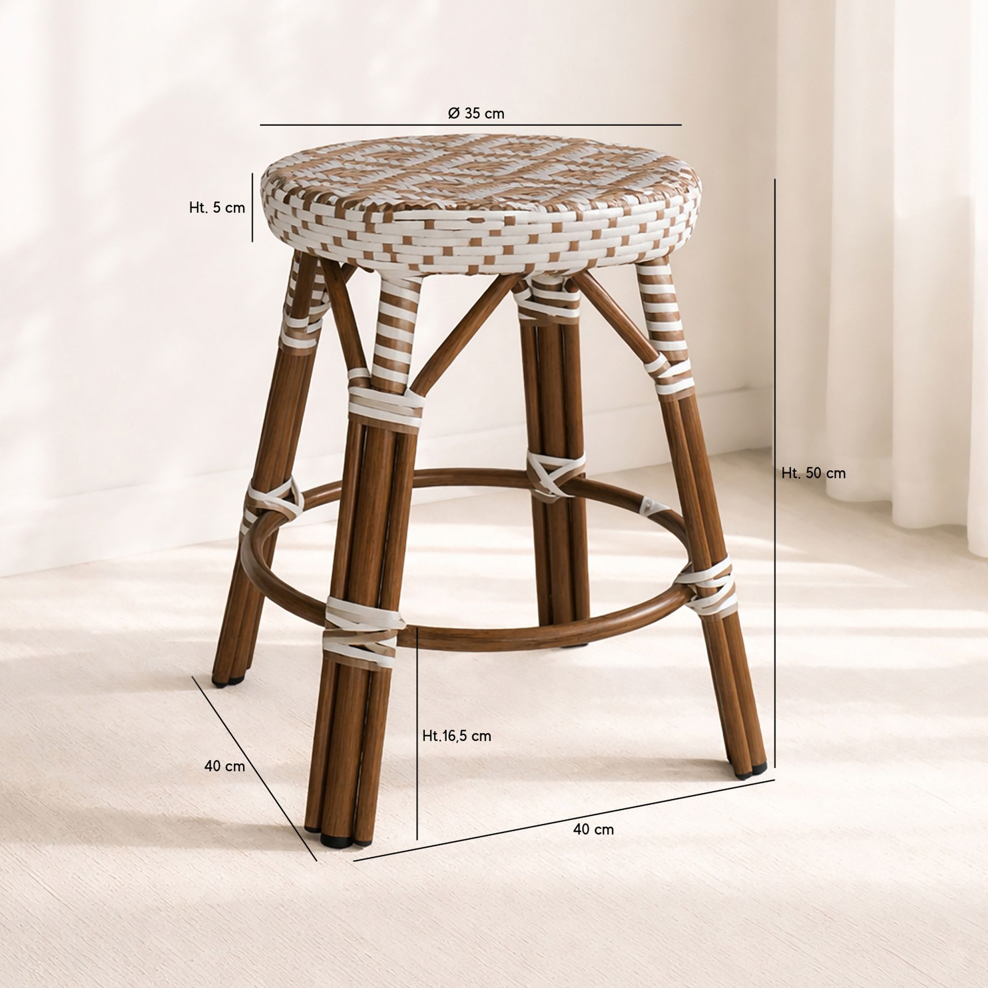 Tabouret bas d'extérieur en textilène avec effet rotin beige SCALA