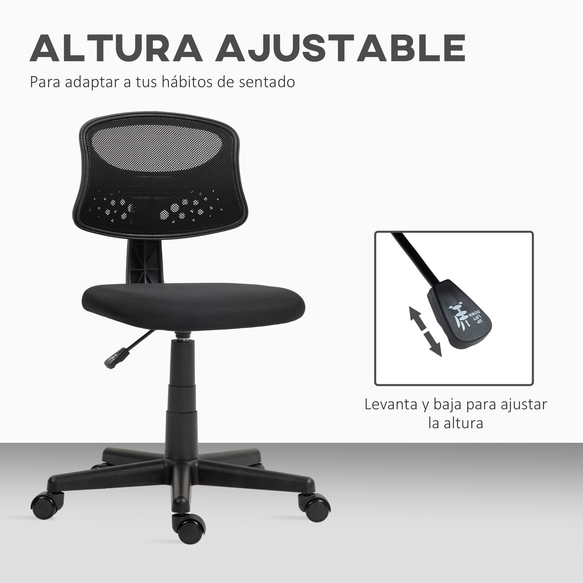 Silla de Oficina sin Brazos Silla de Escritorio Giratoria con Respaldo de Malla Transpirable Altura Ajustable Silla de Despacho Carga 120 kg Negro