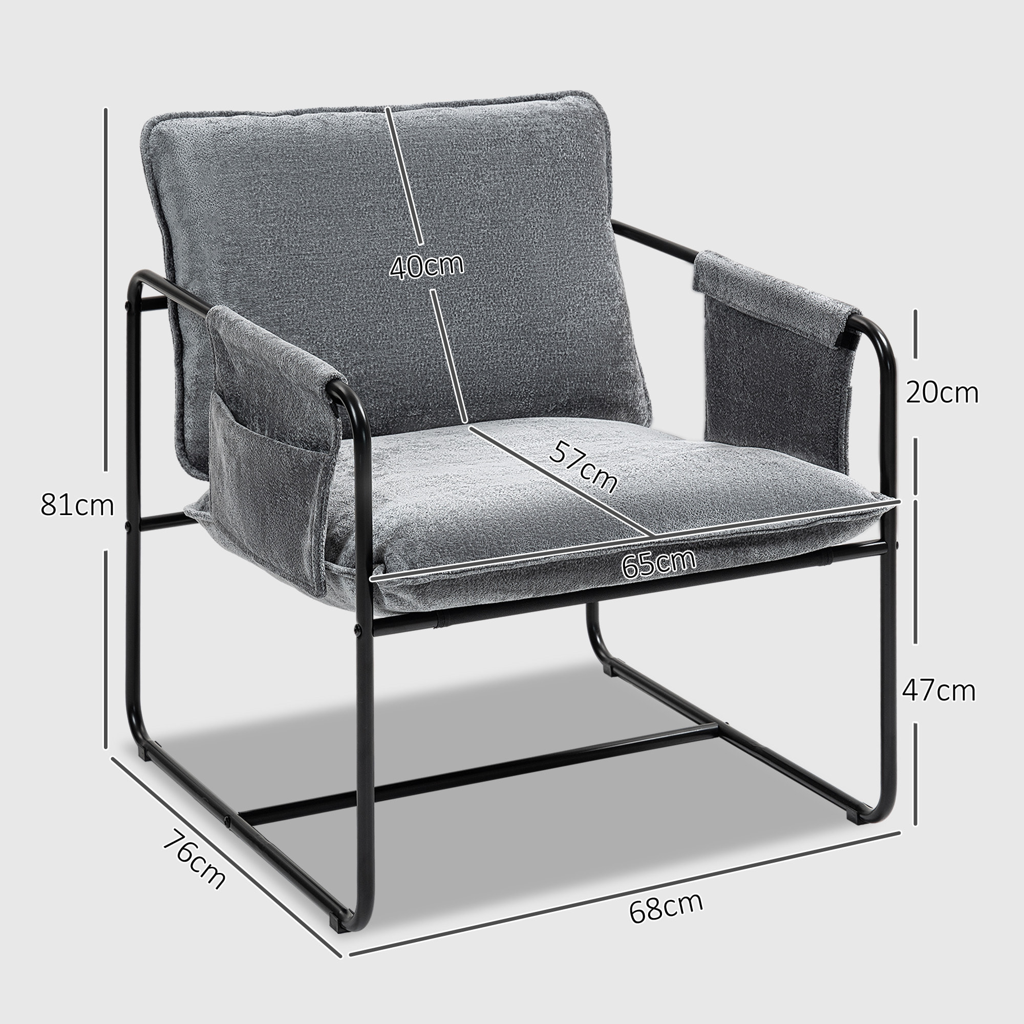 Butaca de Salón Sillón de Salón con Reposabrazos Bolsillos Laterales y Marco de Acero Butaca para Dormitorio Sala de Estar Carga 120 kg Gris