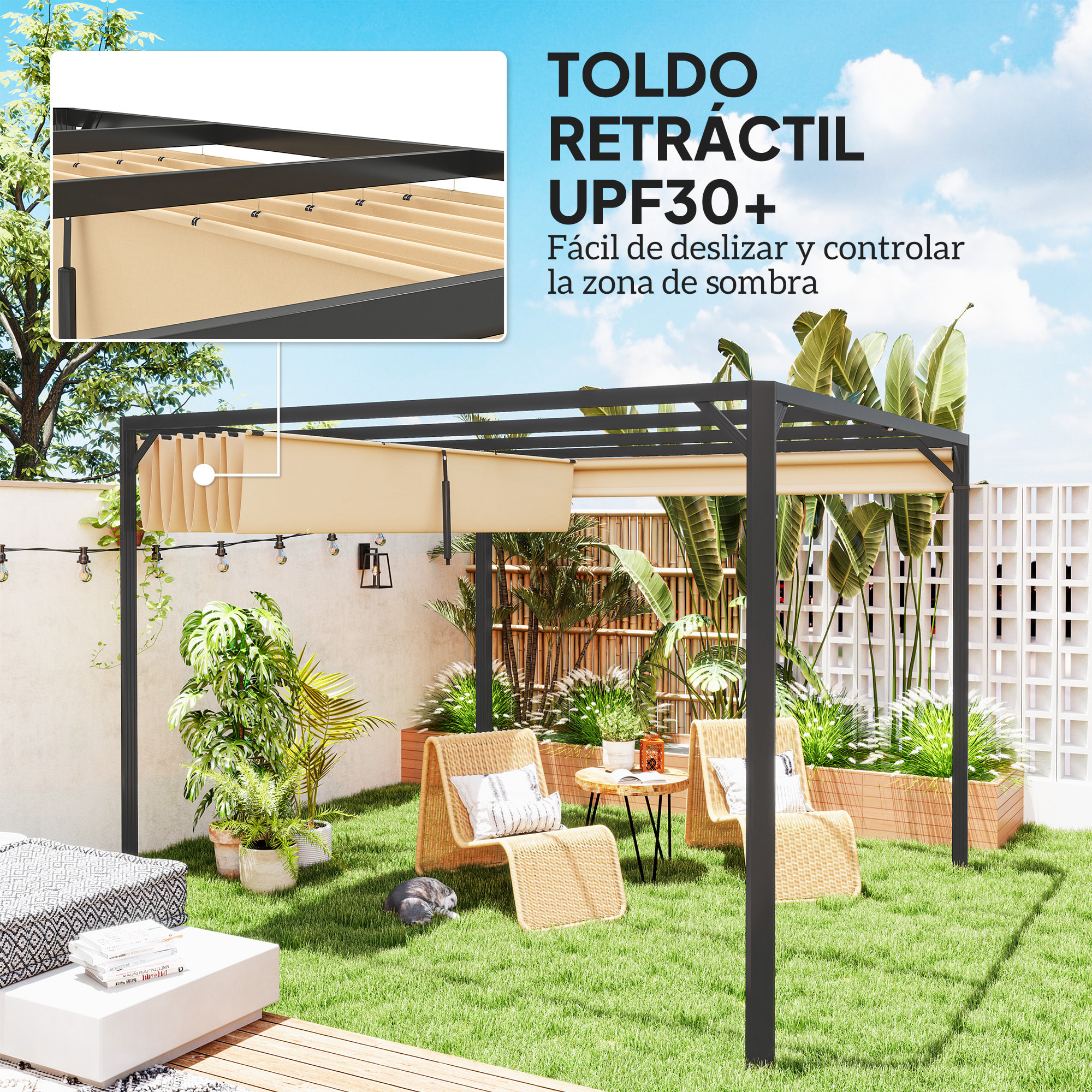 Pérgola de Aluminio con Techo Retráctil Pérgola 3x3 m Cenador con Cortina Enrollable Protección UV30+ Pabellón para Jardín Patio Terraza Exterior Caqui
