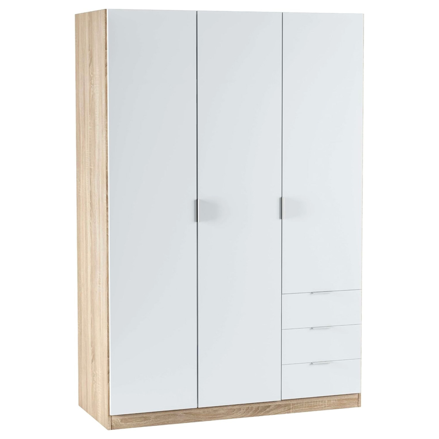 Armadio Guardaroba 3 Ante Con Asta Appendiabiti 3 Ripiani E 3 Cassetti Stile Nordico Salvaspazio Camera Da Letto 121 x 52 x 180 Cm Bianco E Rovere