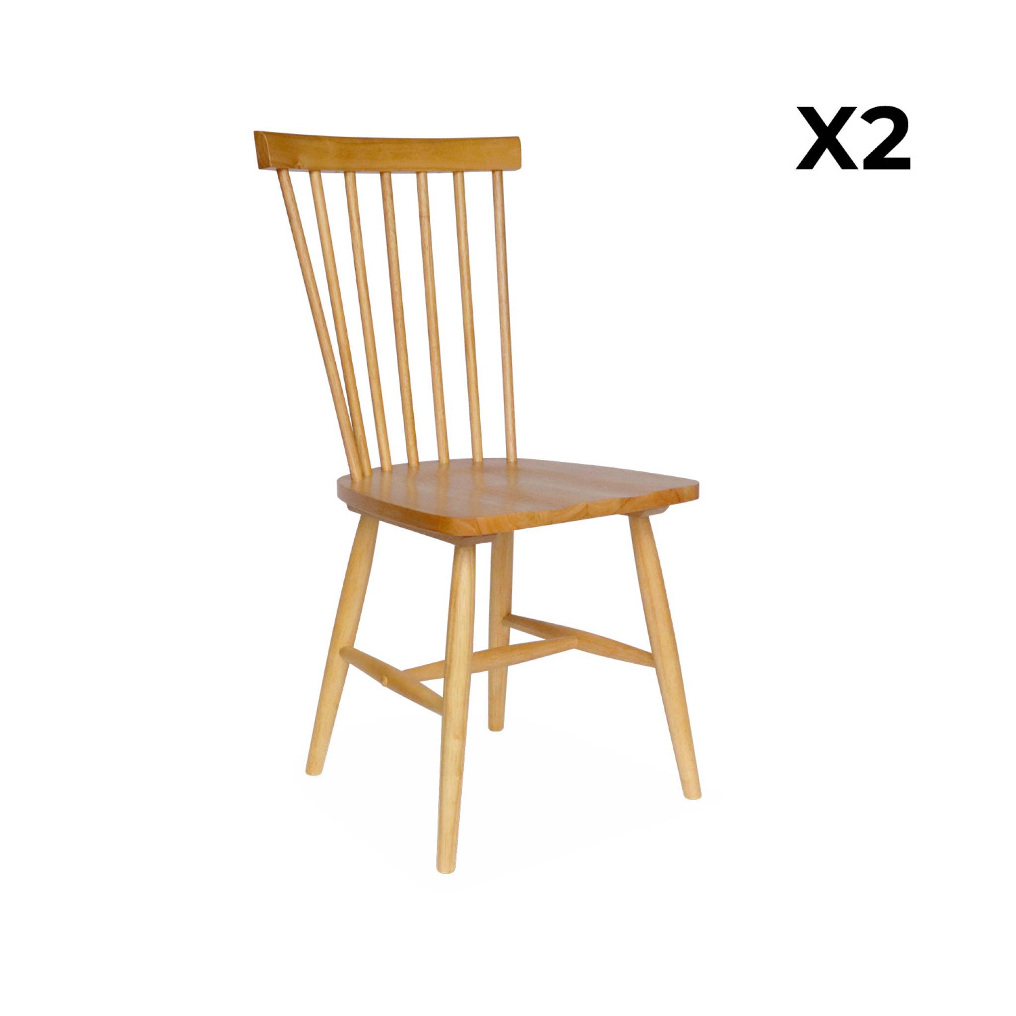 Lot de 2 chaises naturelles à barreaux en bois d'hévéa. ROMIE. L 50.8 x P 44.2 x H 90cm