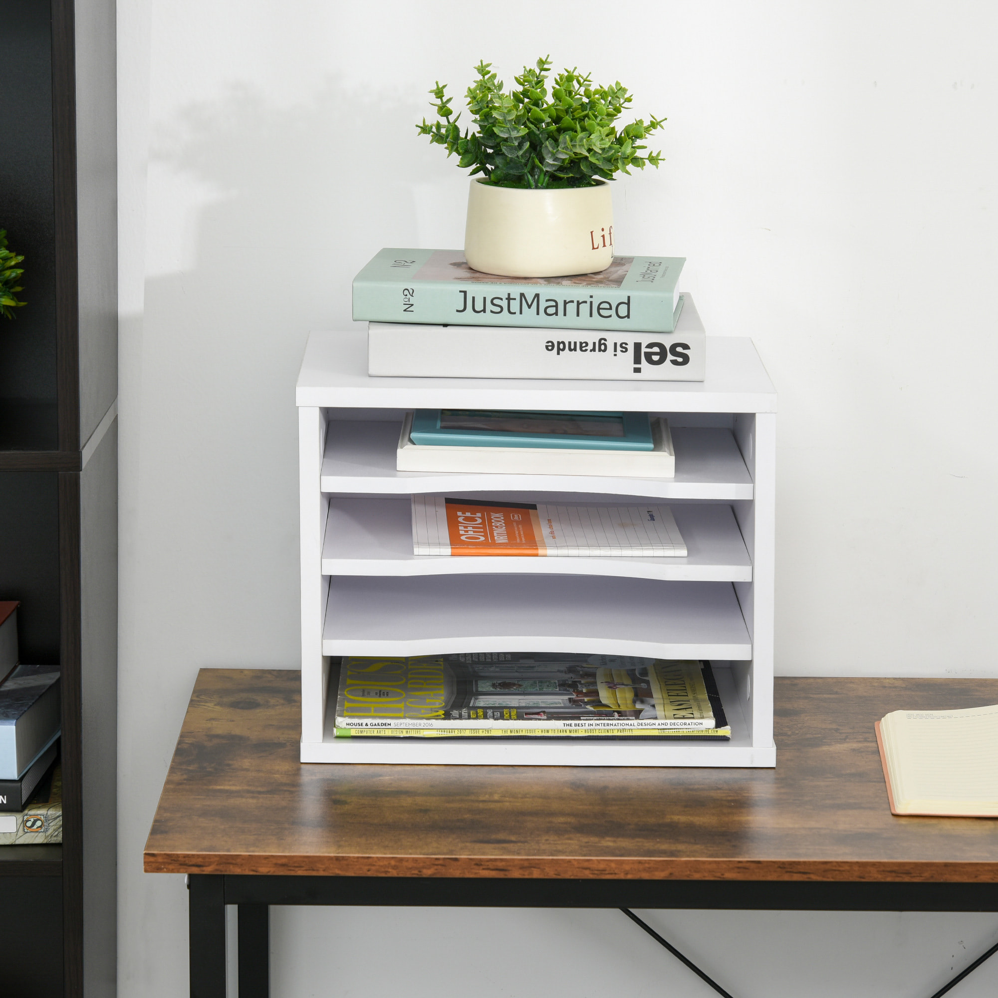 Organiseur bureau bois blanc avec 4 couches fournitures support d'imprimante dim. 35,5L x 25l x 28,6H cm