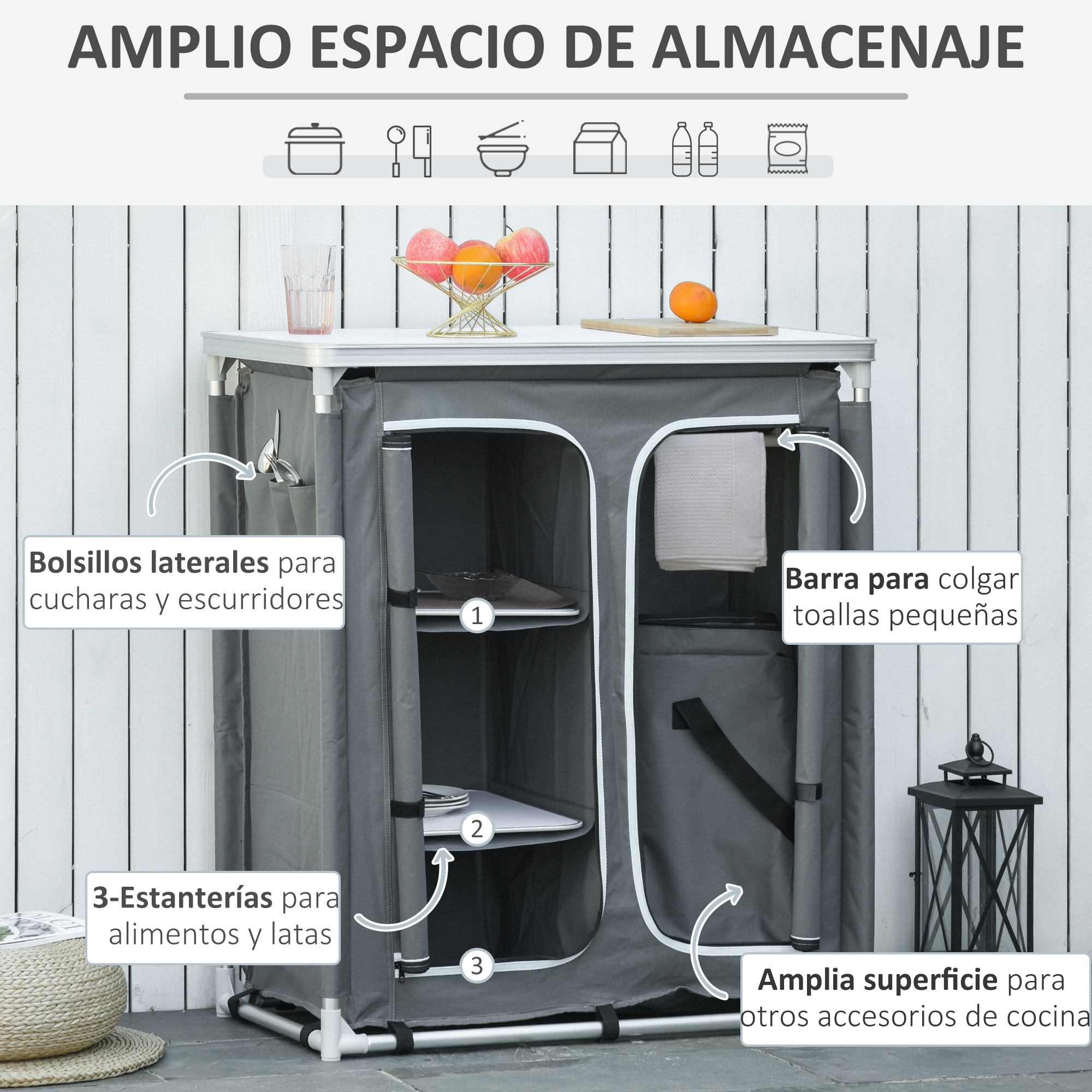 Armario de Camping Plegable Mueble de Cocina para Camping con 3 Estantes Compartimento Puerta con Cremallera Estructura de Aluminio y Bolsa de Transporte para Exterior 96x49,5x104 cm Gris