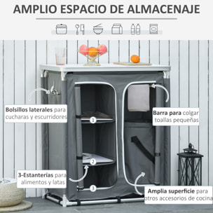 Armario de Camping Plegable Mueble de Cocina para Camping con 3 Estantes Compartimento Puerta con Cremallera Estructura de Aluminio y Bolsa de Transporte para Exterior 96x49,5x104 cm Gris