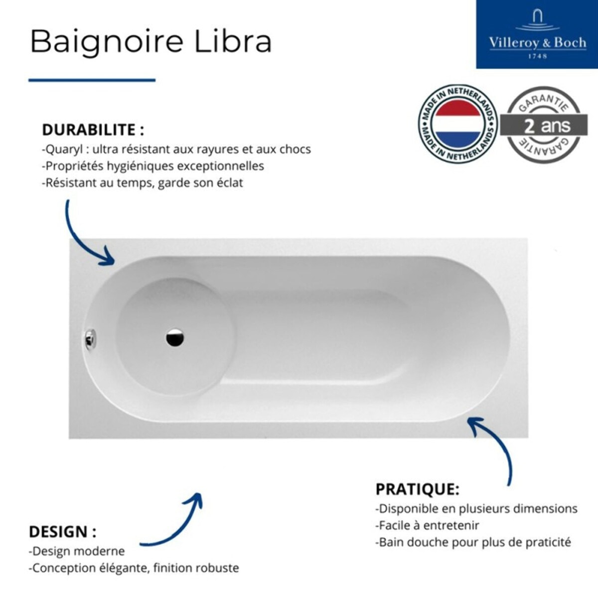 Baignoire bain douche VILLEROY ET BOCH Libra quaryl