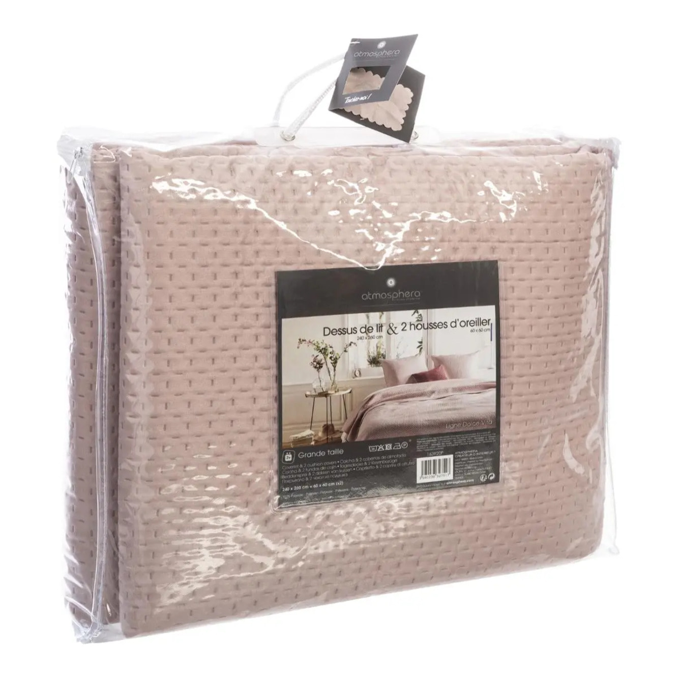 Dessus de lit + 2 taies "Dolce" rose poudré - 260x240 cm