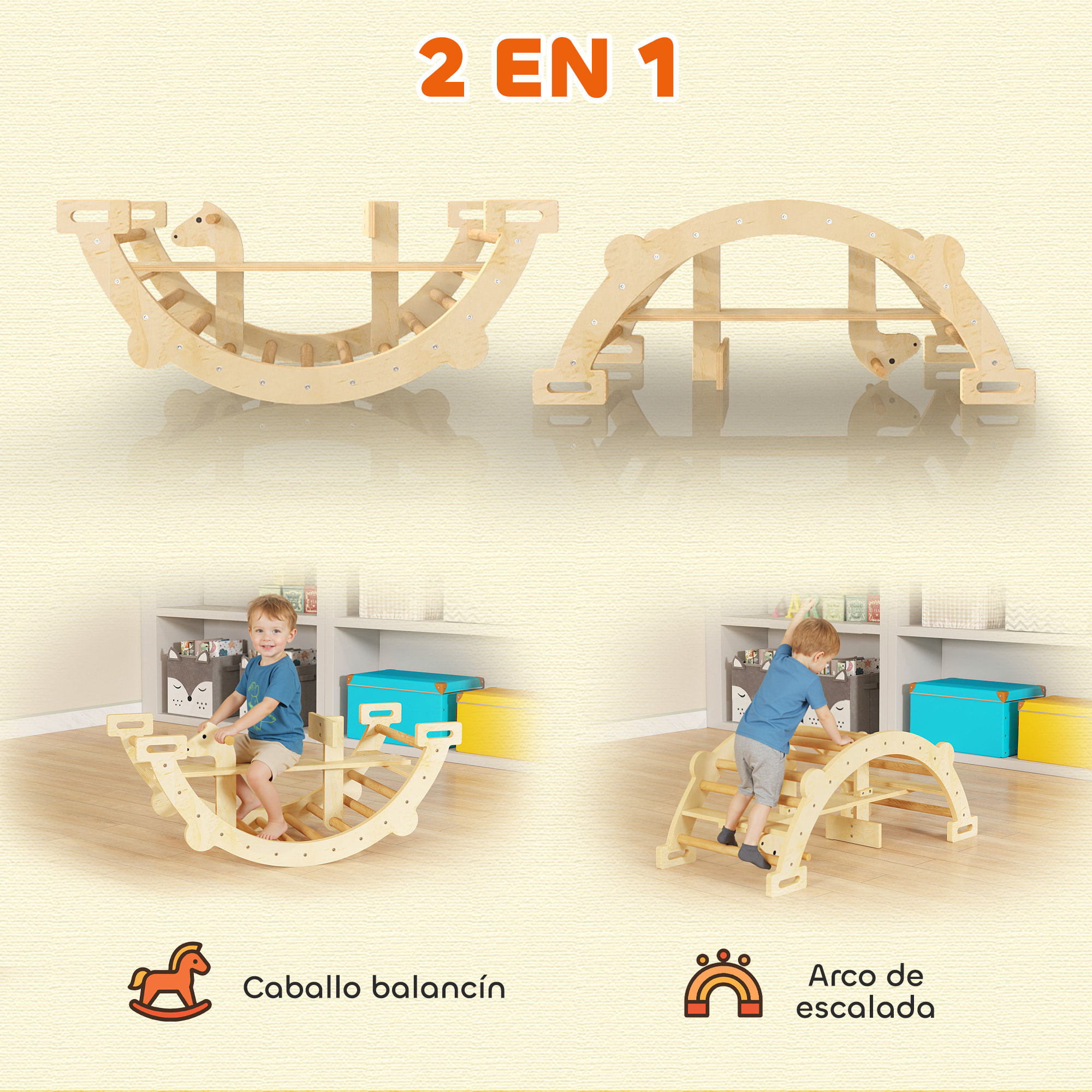 2 en 1 Arco de Escalada de Madera y Caballito Balancín, Estructura de Escalada Montessori, Juguetes Educativo de Interior para Niños de 2-4 Años, Natural