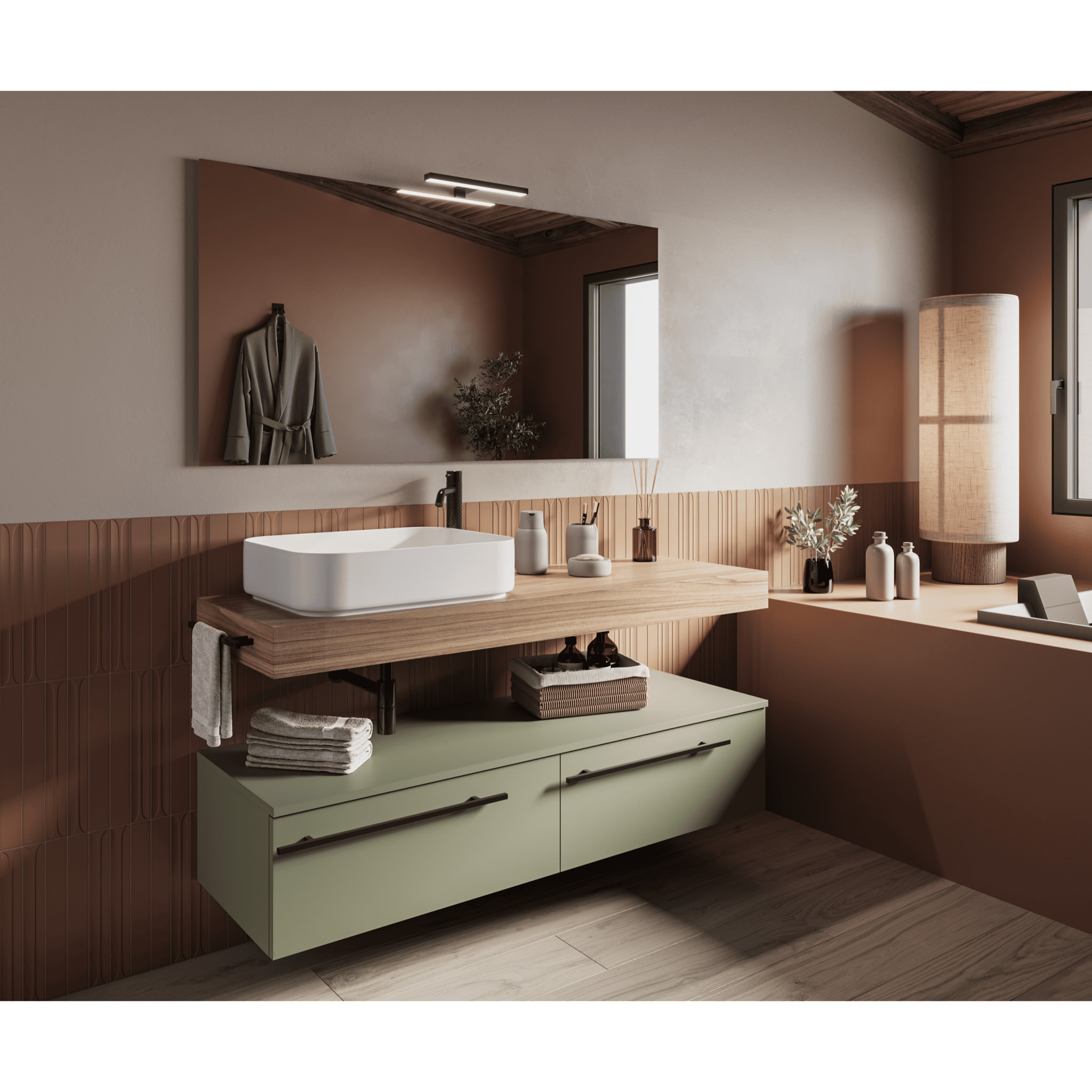 MOBILE DA BAGNO RIFLESSO 140 PORO NOCE E VERDE SALVIA - 8 PEZZI