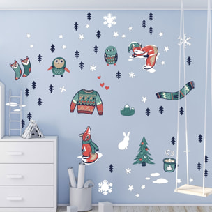 Stickers Noël renards hivernales - Autocollants stickers adhésifs noël - décoration fêtes