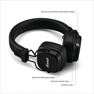Casque MARSHALL Major V Noir - Bluetooth, autonomie 100h, pliable