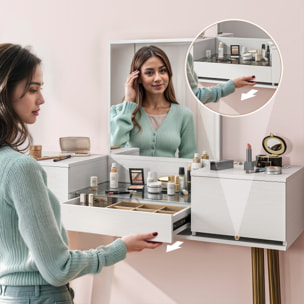 Tocador de Maquillaje con Espejo Tocador con Encimera de Vidrio Templado Visible 3 Cajones Mesa de Maquillaje Moderna para Dormitorio Blanco