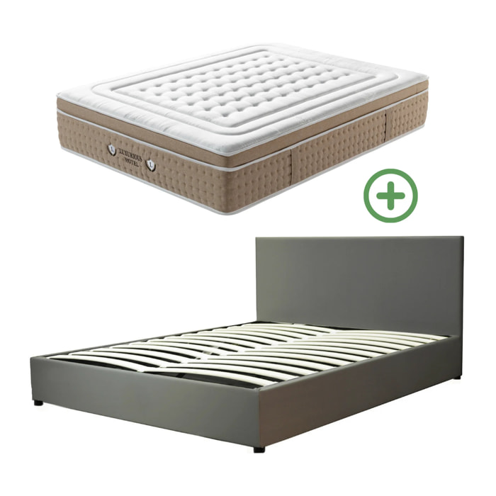 Ensemble matelas Bali & lit coffre Colisée | Mémoire de forme et ressorts ensachés | Grande capacité de stockage | Simili cuir | Gris