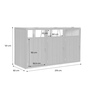 Cache poubelle gris en acier galvanisé. 3 places. L 219 x P 82 x H 124 cm