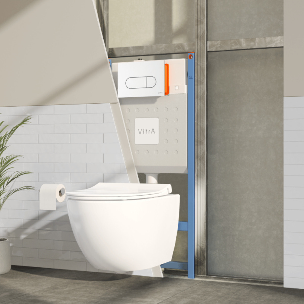 Pack WC suspendu VITRA Sento blanc + bâti autoportant V-Fix Core + Plaque Round Blanche