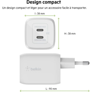 Chargeur BELKIN USB C x2 65W GaN PPS Blanc