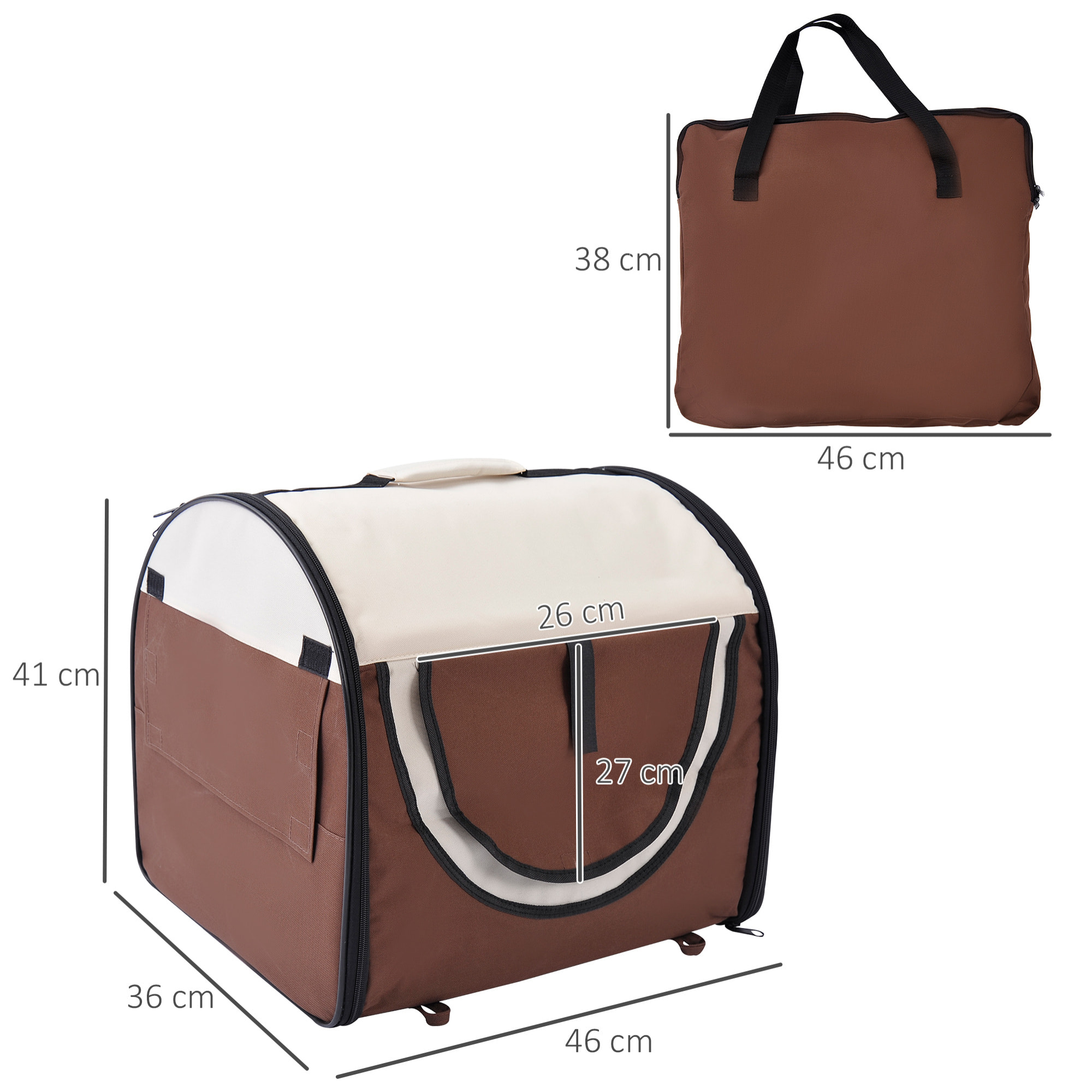 Sac de transport pour chien et chat pliable - poignée, entrée zippée, fenêtres maillées enroulables- coussin inclus - acier oxford marron beige