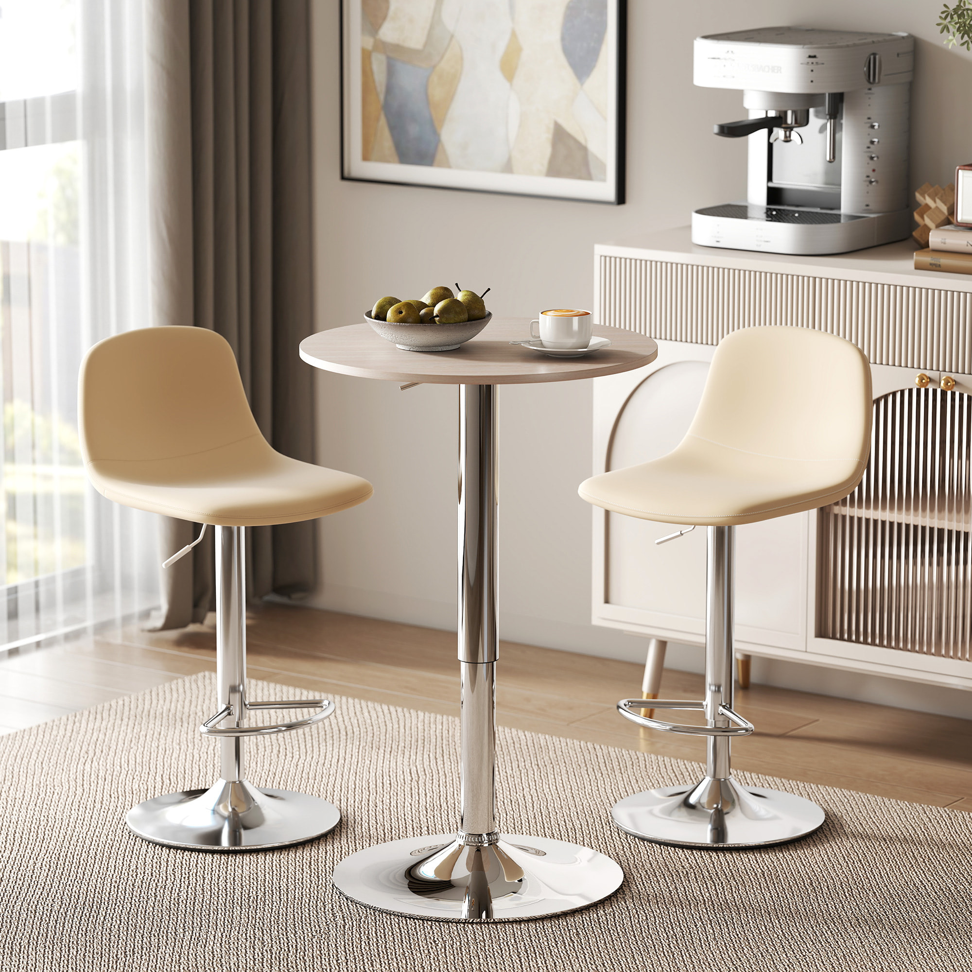 Mesa de Bar Redonda Ajustable en Altura 67-93 cm, Mesa Alta de Bar, Tablero Ø60 cm y Giratorio 360°, con Base Redonda de Metal Cromado, para Bistró, Cocina Comedor, Madera Natural