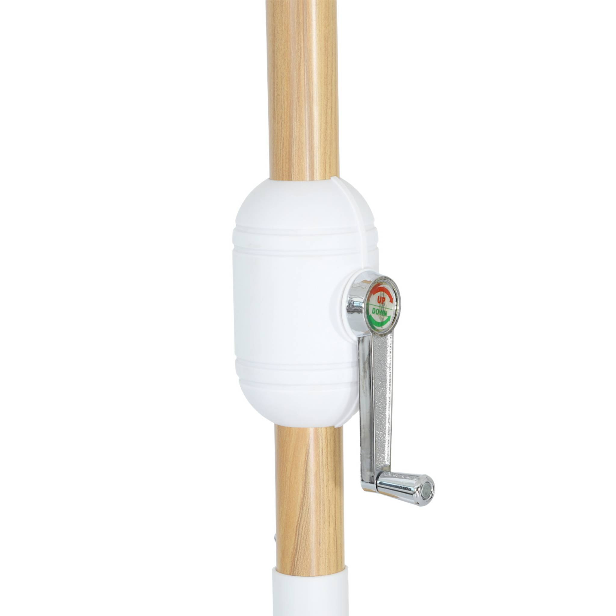Parasol droit rond rayures beige Ø293cm mât central en aluminium imitation bois. orientable et manivelle d'ouverture