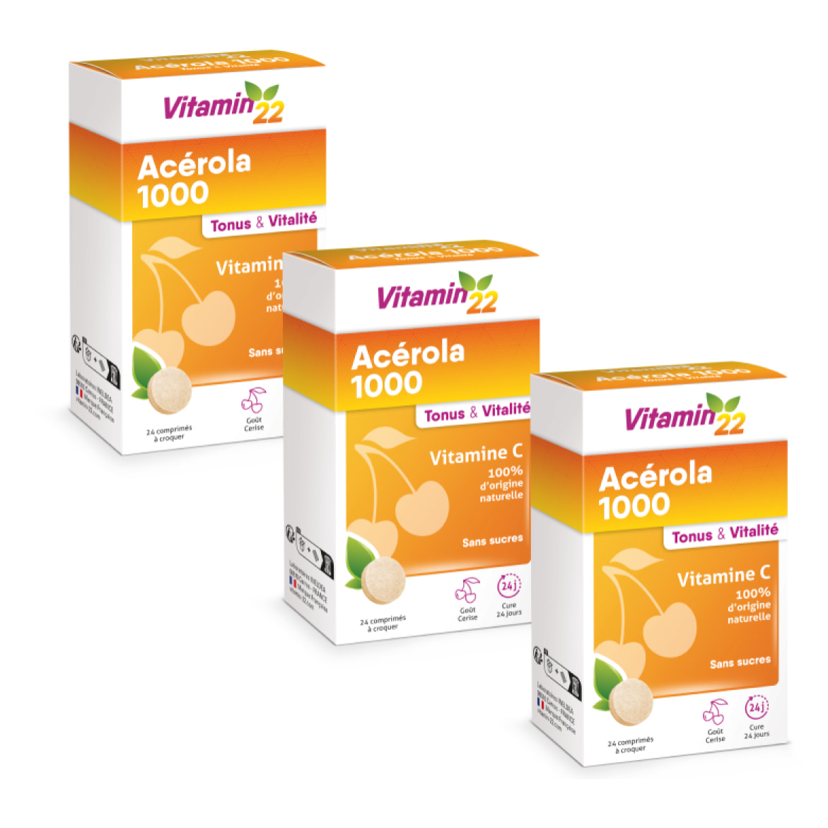 VITAMIN 22 - Acerola 1000 - Complément alimentaire à base d'Acérola- Vitamine C 100% d'origine naturelle - Sans sucre - Sans gluten - Goût Cerise - Cure de 24 j - Lot de 3 produits