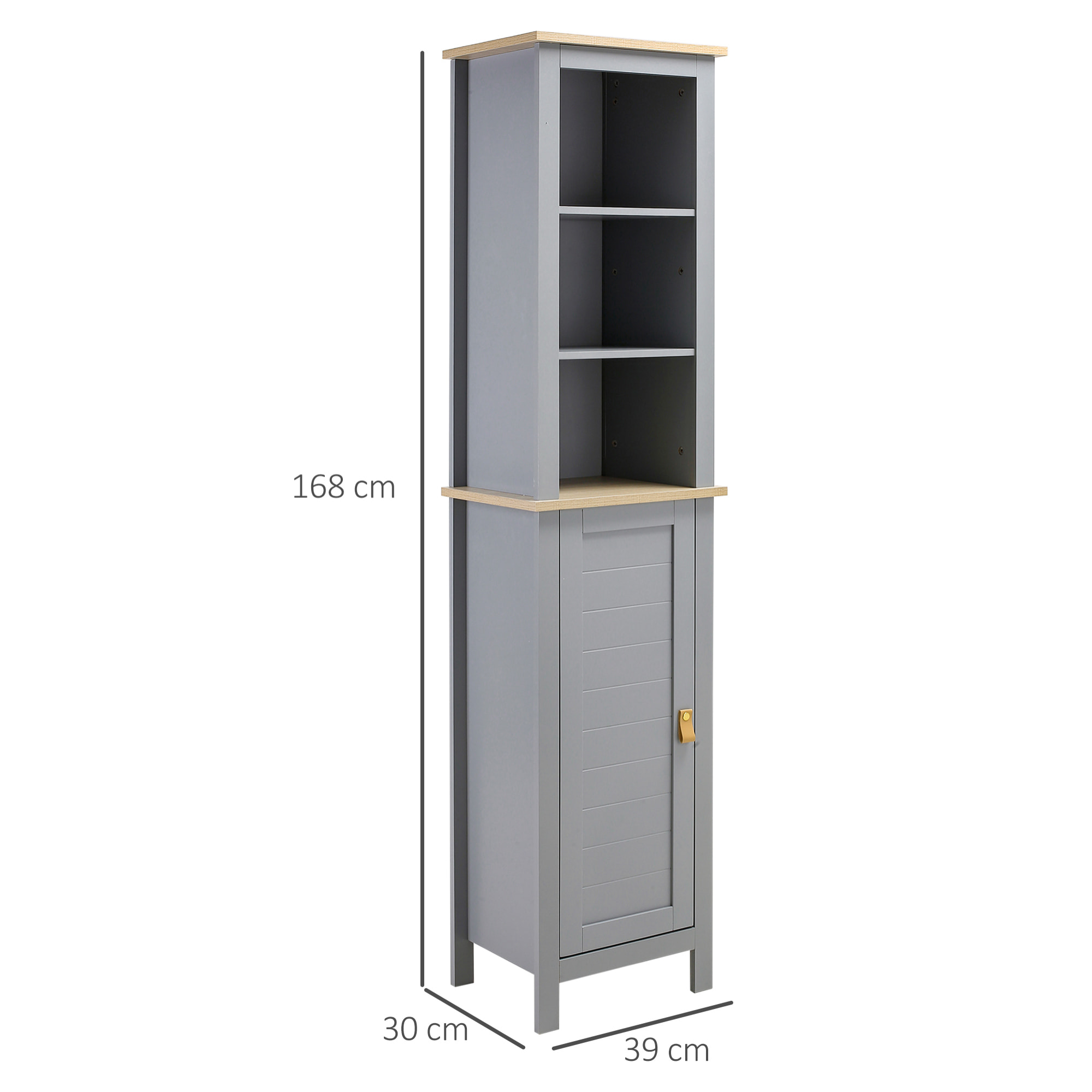 kleankin Armario Alto de Baño Mueble Columna Estrecho Moderno con 1 Puerta Estante Ajustable y 3 Compartimentos Abiertos 39x30x168 cm Gris