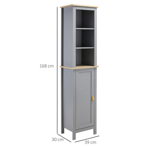 kleankin Armario Alto de Baño Mueble Columna Estrecho Moderno con 1 Puerta Estante Ajustable y 3 Compartimentos Abiertos 39x30x168 cm Gris