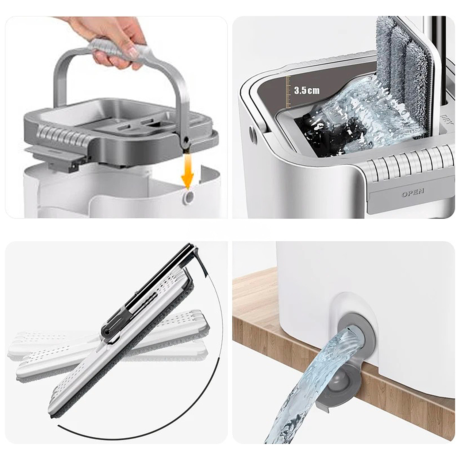 Mopa con rotación 360°, cubo con sistema de escurrido eficiente y tapón de vaciado. Incluye 3 paños de microfibra.