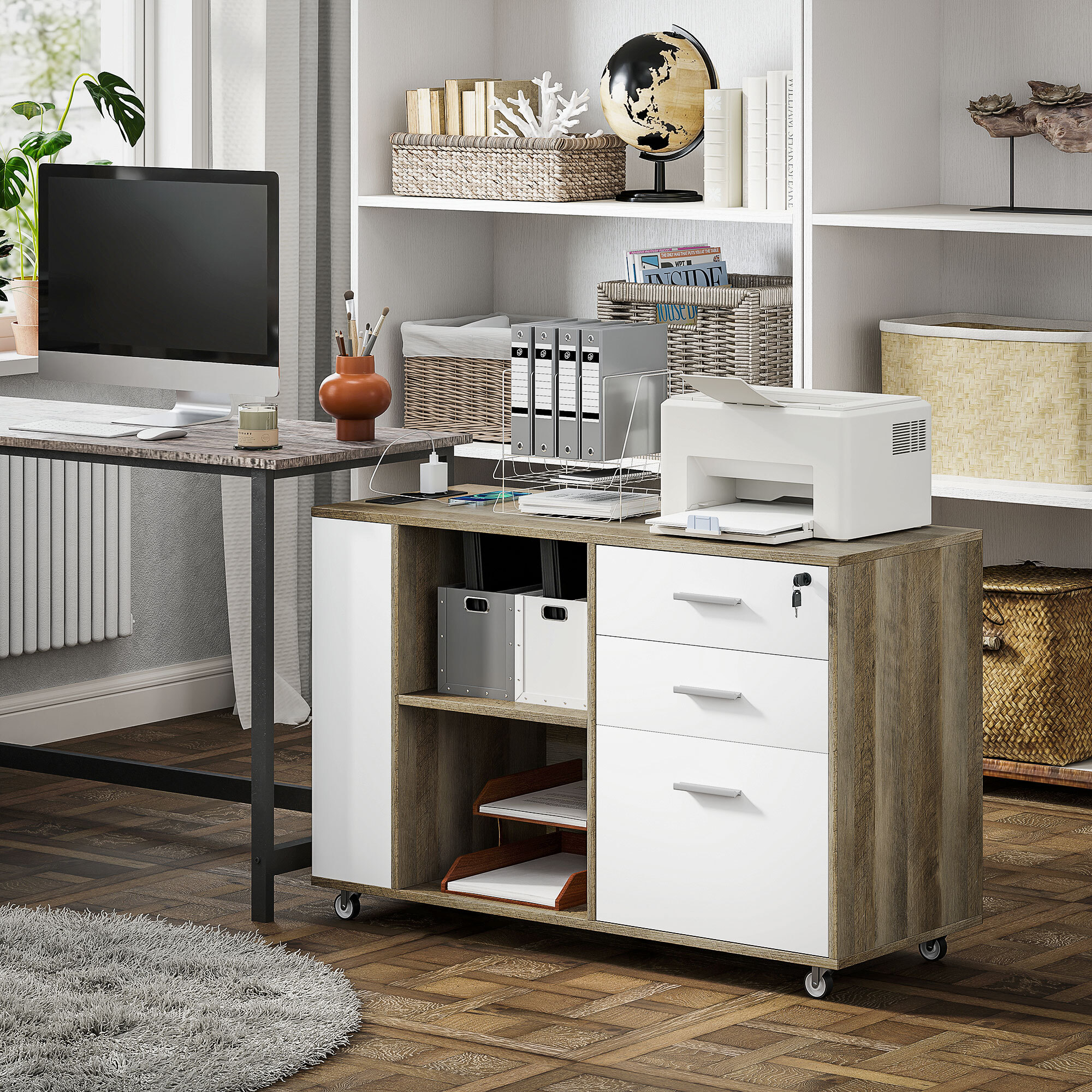 Cajonera de Oficina con Ruedas Mueble Archivador con 3 Cajones Cajonera para Escritorio con Estación de Carga Cerradura y Estantes 100x40x65,5 cm Marrón Grisáceo