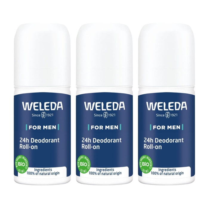 WELEDA - Trio Déodorant roll-on 24H Homme - 100 % d'origine naturelle - Vegan* - Certifié Natrue** - Roll-on 50 ml x 3