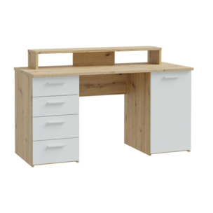 Bureau L145cm 4 tiroirs 1 porte 1 tablette décor gris et chêne - ELENA